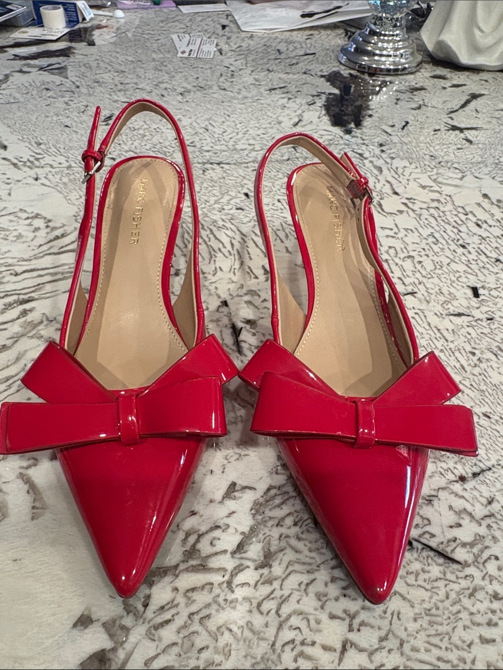 Marc Fisher Red Patent Pointed-Toe Slingback Flats with Bow